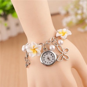 Vivid Morning Glory Embellished Fashion Bracelet Watch - White