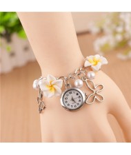 Vivid Morning Glory Embellished Fashion Bracelet Watch - White