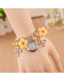 Vivid Morning Glory Embellished Fashion Bracelet Watch - Yellow