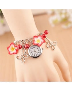 Vivid Morning Glory Embellished Fashion Bracelet Watch - Red 