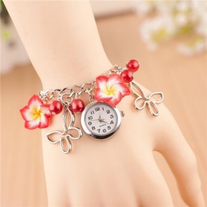 Vivid Morning Glory Embellished Fashion Bracelet Watch - Red 