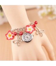 Vivid Morning Glory Embellished Fashion Bracelet Watch - Red 