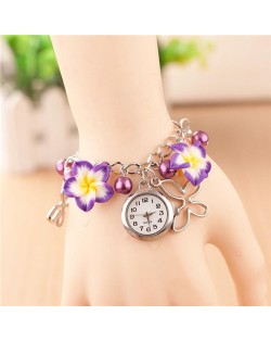 Vivid Morning Glory Embellished Fashion Bracelet Watch - Purple 