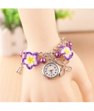 Vivid Morning Glory Embellished Fashion Bracelet Watch - Purple 