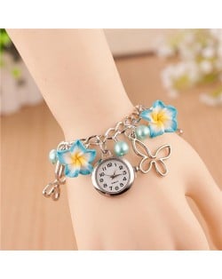 Vivid Morning Glory Embellished Fashion Bracelet Watch - Blue