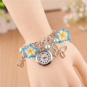 Vivid Morning Glory Embellished Fashion Bracelet Watch - Blue