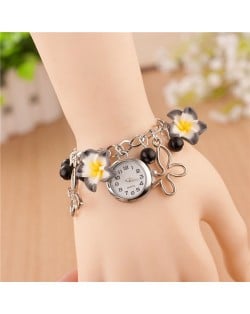 Vivid Morning Glory Embellished Fashion Bracelet Watch - Black