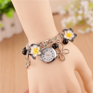 Vivid Morning Glory Embellished Fashion Bracelet Watch - Black