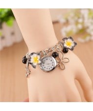 Vivid Morning Glory Embellished Fashion Bracelet Watch - Black