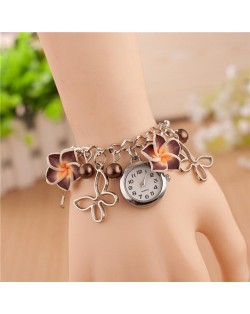 Vivid Morning Glory Embellished Fashion Bracelet Watch - Coffee