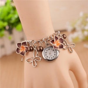 Vivid Morning Glory Embellished Fashion Bracelet Watch - Coffee