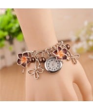 Vivid Morning Glory Embellished Fashion Bracelet Watch - Coffee