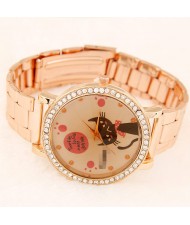 Cute Cat Face Design Golden Fashion Wrist Watch