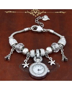 Eiffel Tower and Flowers Pendants with Silver Beads and Peach Heart Design Bracelet Watch - Transparent