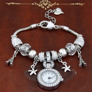 Eiffel Tower and Flowers Pendants with Silver Beads and Peach Heart Design Bracelet Watch - Transparent