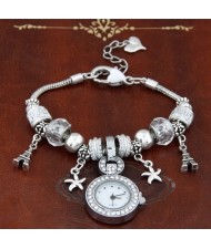 Eiffel Tower and Flowers Pendants with Silver Beads and Peach Heart Design Bracelet Watch - Transparent