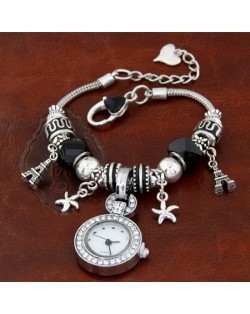 Eiffel Tower and Flowers Pendants with Silver Beads and Peach Heart Design Bracelet Watch - Black