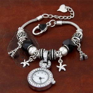 Eiffel Tower and Flowers Pendants with Silver Beads and Peach Heart Design Bracelet Watch - Black
