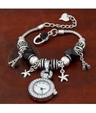 Eiffel Tower and Flowers Pendants with Silver Beads and Peach Heart Design Bracelet Watch - Black