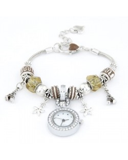 Eiffel Tower and Flowers Pendants with Silver Beads and Peach Heart Design Bracelet Watch - Brown