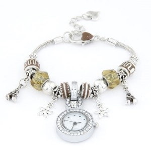 Eiffel Tower and Flowers Pendants with Silver Beads and Peach Heart Design Bracelet Watch - Brown