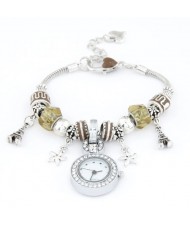 Eiffel Tower and Flowers Pendants with Silver Beads and Peach Heart Design Bracelet Watch - Brown