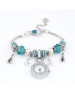 Eiffel Tower and Flowers Pendants with Silver Beads and Peach Heart Design Bracelet Watch - Aquamarine
