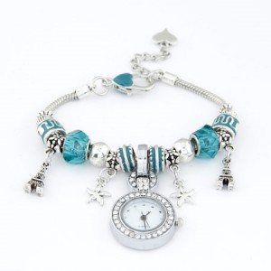 Eiffel Tower and Flowers Pendants with Silver Beads and Peach Heart Design Bracelet Watch - Aquamarine