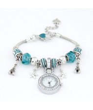 Eiffel Tower and Flowers Pendants with Silver Beads and Peach Heart Design Bracelet Watch - Aquamarine