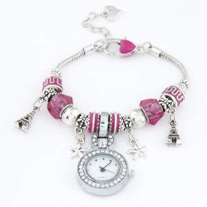 Eiffel Tower and Flowers Pendants with Silver Beads and Peach Heart Design Bracelet Watch - Purple