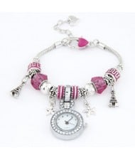 Eiffel Tower and Flowers Pendants with Silver Beads and Peach Heart Design Bracelet Watch - Purple