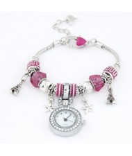 Eiffel Tower and Flowers Pendants with Silver Beads and Peach Heart Design Bracelet Watch - Purple