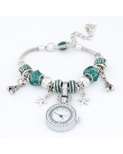 Eiffel Tower and Flowers Pendants with Silver Beads and Peach Heart Design Bracelet Watch - Green