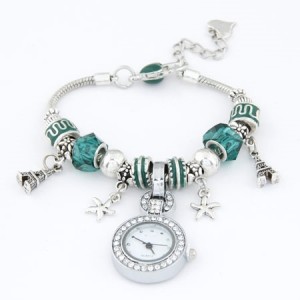 Eiffel Tower and Flowers Pendants with Silver Beads and Peach Heart Design Bracelet Watch - Green
