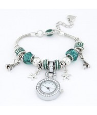 Eiffel Tower and Flowers Pendants with Silver Beads and Peach Heart Design Bracelet Watch - Green