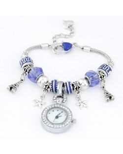 Eiffel Tower and Flowers Pendants with Silver Beads and Peach Heart Design Bracelet Watch - Blue