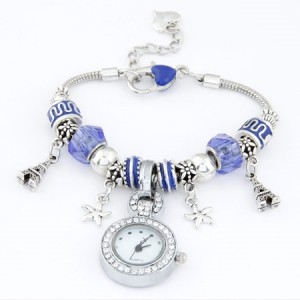 Eiffel Tower and Flowers Pendants with Silver Beads and Peach Heart Design Bracelet Watch - Blue