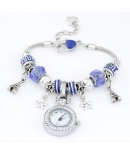 Eiffel Tower and Flowers Pendants with Silver Beads and Peach Heart Design Bracelet Watch - Blue