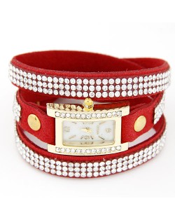 Rhinestone Attached Multiple Layer Leather Bracelet Style Rectangular Wrist Watch - Red