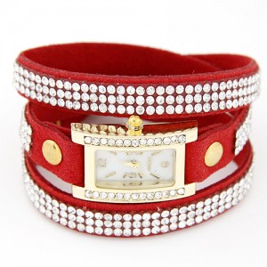 Rhinestone Attached Multiple Layer Leather Bracelet Style Rectangular Wrist Watch - Red