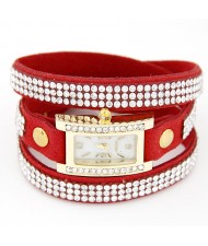 Rhinestone Attached Multiple Layer Leather Bracelet Style Rectangular Wrist Watch - Red