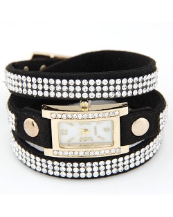 Rhinestone Attached Multiple Layer Leather Bracelet Style Rectangular Wrist Watch - Black