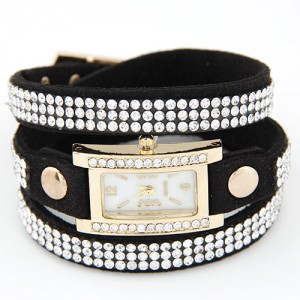 Rhinestone Attached Multiple Layer Leather Bracelet Style Rectangular Wrist Watch - Black