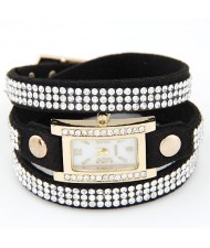 Rhinestone Attached Multiple Layer Leather Bracelet Style Rectangular Wrist Watch - Black