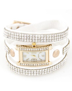 Rhinestone Attached Multiple Layer Leather Bracelet Style Rectangular Wrist Watch - White