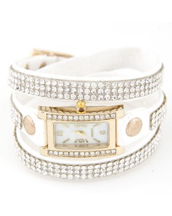 Rhinestone Attached Multiple Layer Leather Bracelet Style Rectangular Wrist Watch - White
