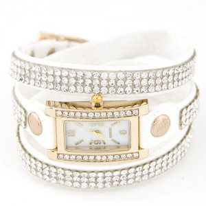 Rhinestone Attached Multiple Layer Leather Bracelet Style Rectangular Wrist Watch - White