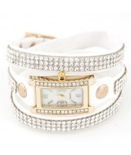 Rhinestone Attached Multiple Layer Leather Bracelet Style Rectangular Wrist Watch - White