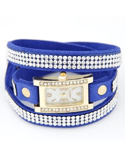 Rhinestone Attached Multiple Layer Leather Bracelet Style Rectangular Wrist Watch - Blue