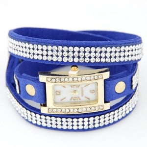 Rhinestone Attached Multiple Layer Leather Bracelet Style Rectangular Wrist Watch - Blue